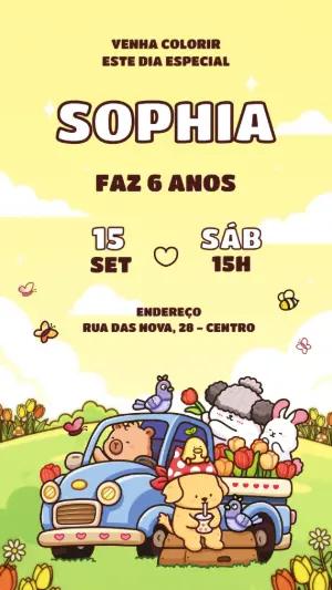Convite de Aniversário Animais Fofos para Editar Online