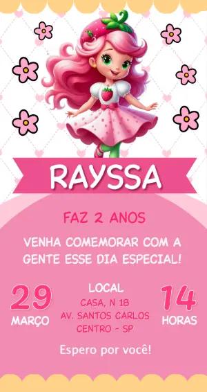 Convite de Aniversário Moranguinho Rosa Modelo Digital para Editar