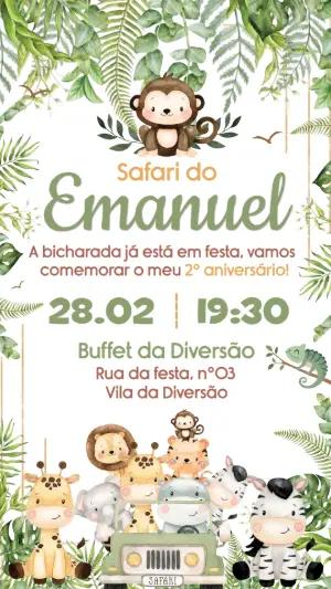 Convite de Aniversário Safari Aquarela com Bichinhos Editável