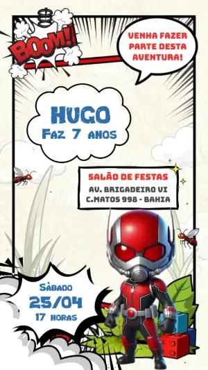 Convite de Aniversário Homem Formiga Estilo HQ para Editar
