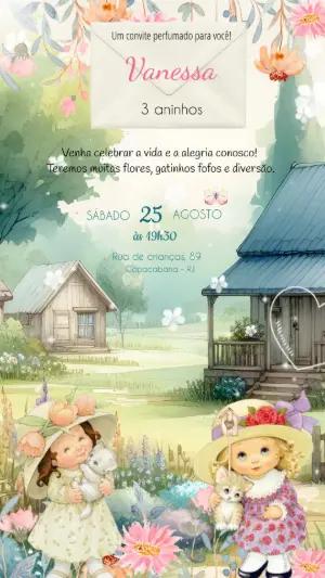 Convite Aniversário Infantil Vintage com Gatinhos para Editar