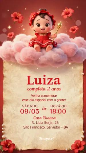 Convite de Aniversário Boneca Fofa e Flores Vermelhas Editável