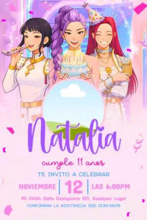 Invitación de Cumpleaños Las Guerreras K-Pop Modelo Editable