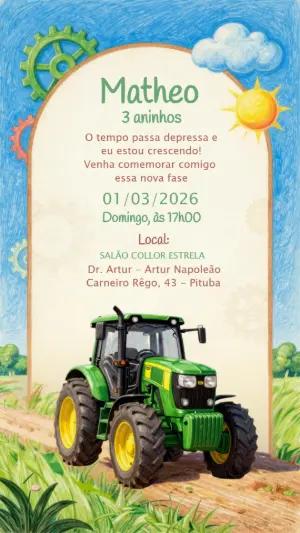 Convite Animado Aniversário Trator Verde para Editar