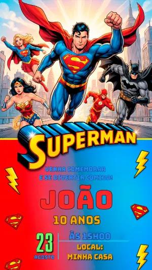 Convite de Aniversário Superman e Amigos | Modelo Editável