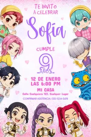 Invitación de Cumpleaños Las Guerreras K-Pop para Editar