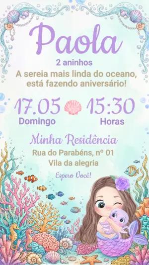 Convite Digital Sereia Aquarela para Aniversário Infantil