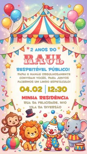 Convite de Aniversário Circo Fofo para Menino Editável