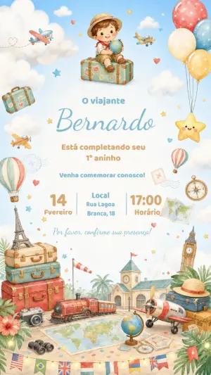 Convite de Aniversário Viagem do Mundo Aquarela Editável