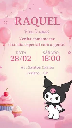 Convite de Aniversário Kuromi Rosa Fofo para Editar