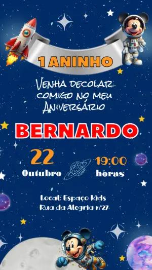 Convite de Aniversário Mickey Astronauta no Espaço Editável