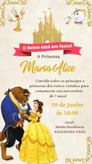 Convite Aniversário Bela e a Fera para Editar Online