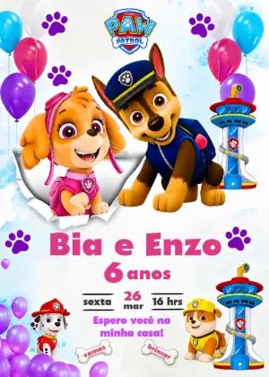 Convite de Aniversário Duplo Patrulha Canina Digital para Editar