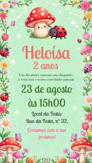 Convite de Aniversário Jardim Encantado Cogumelos Editável