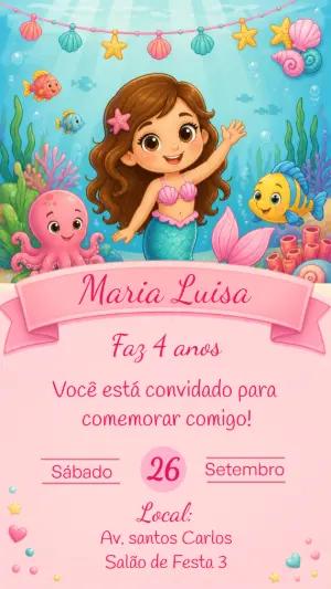Convite de Aniversário Sereia Fundo do Mar Editável