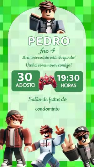 Convite Digital Roblox Gamer para Aniversário Infantil Editável