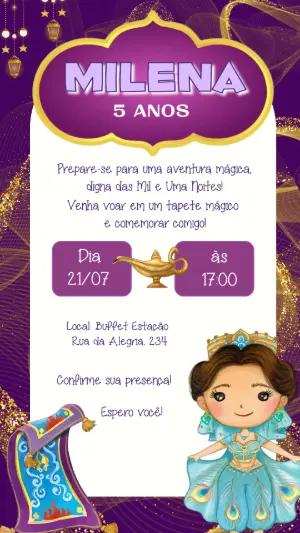 Convite de Aniversário Jasmine Roxo e Dourado Editável