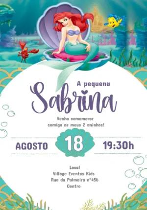 Convite de Aniversário Pequena Sereia Ariel para Editar Online