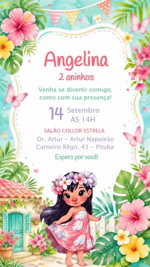 Convite de Aniversário Lilo de Stitch Editável Tema Tropical