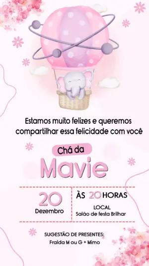 Convite Chá de Bebê Elefantinha no Balão Rosa Editável