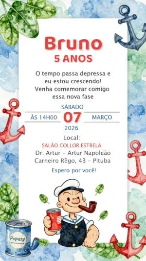 Convite de Aniversário Popeye Marinheiro Aquarela para Editar