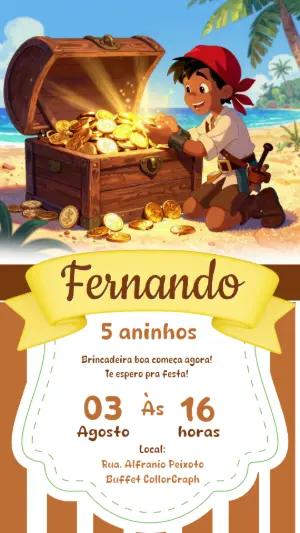 Convite de Aniversário Pirata e Tesouro para Editar