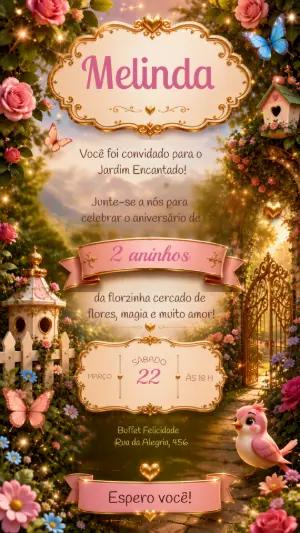 Convite de Aniversário Jardim Encantado Rosa Modelo Editável
