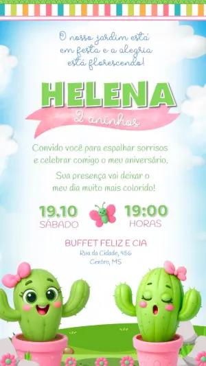 Convite Digital Aniversário Infantil Tema Cactos Editável
