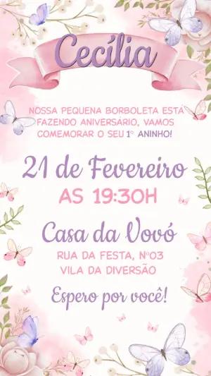 Convite de Aniversário Borboletas Aquarela Editável