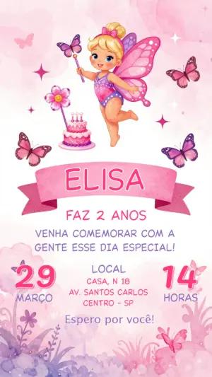 Convite de Aniversário Fada e Borboletas Rosa Editável