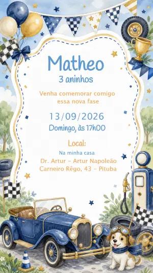Convite de Aniversário Carro Antigo Vintage Modelo Editável