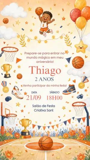 Convite de Aniversário Basquete Infantil Aquarela Editável