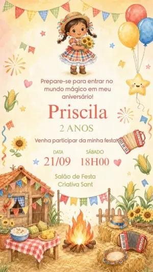 Convite Aniversário Festa Junina Menina Aquarela para Editar
