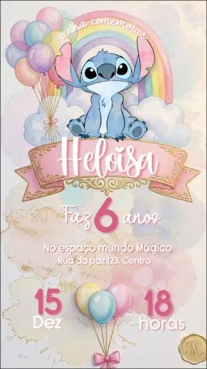 Convite de Aniversário Stitch Aquarela Pastel Editável