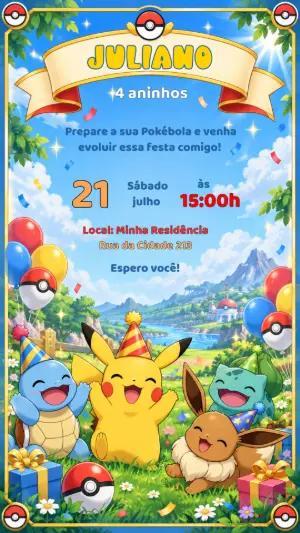 Convite de Aniversário Pokémon Editável com Pikachu e Turma