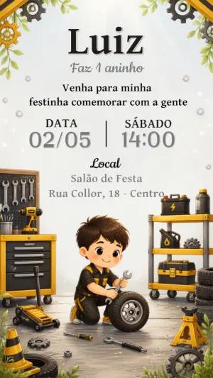 Convite de Aniversário Mecânico Infantil para Editar
