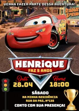 Convite de Aniversário Carros Relâmpago McQueen Editável