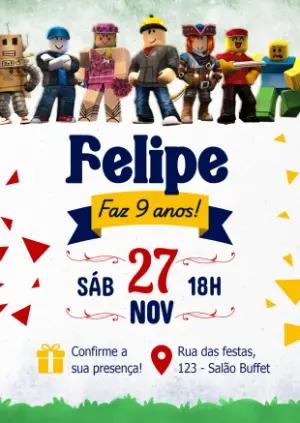 Convite de Aniversário Roblox com Personagens para Editar