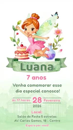 Convite Digital Aniversário de Fada em Aquarela para Editar