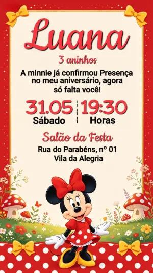 Convite de Aniversário Minnie Vermelha Editável para Menina
