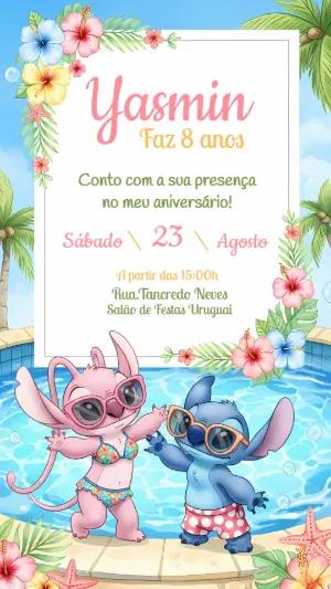 Convite Aniversário Stitch e Angel Pool Party para Editar Online