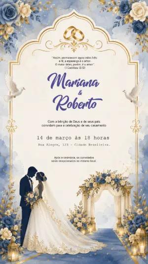 Convite de Casamento Azul e Dourado Floral para Editar