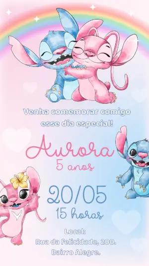 Convite de Aniversário Stitch e Angel para Editar Online