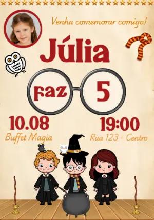 Convite Aniversário Harry Potter com Foto para Editar Online