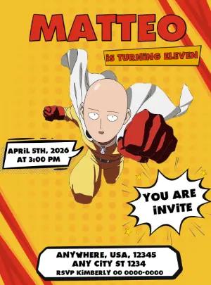 One Punch Man Birthday Invitation | Editable Comic Style Template