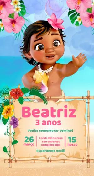 Convite de Aniversário Moana Baby Tropical Editável