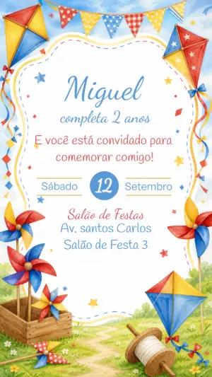 Convite de Aniversário Pipas e Cataventos Editável