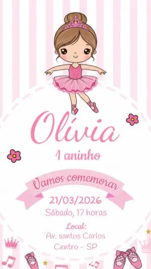 Convite de Aniversário Bailarina Rosa Delicado para Editar