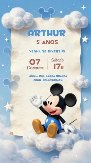 Convite de Aniversário Mickey nas Nuvens Modelo Editável