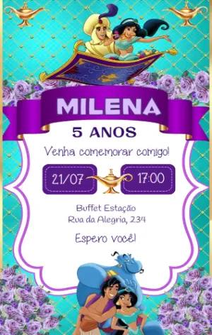 Convite Aniversário Jasmine e Aladdin para Editar Online
